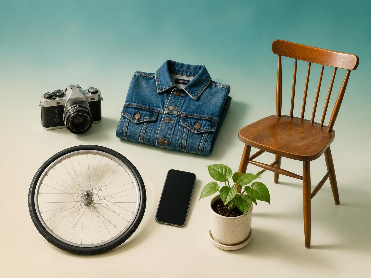 Second-hand camera, denim jacket, chair, bicycle wheel and phone ready to be sold